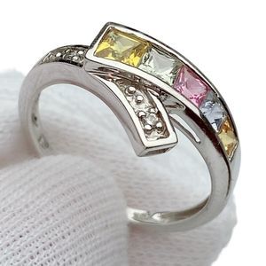 Women’s Fine 10K White Gold Multicolor Gemstone Diamond Anniversary Ring Overlap